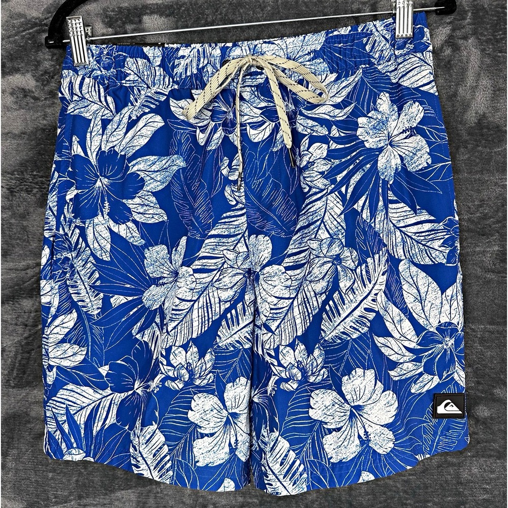 Quiksilver Swim Volley Mens S Blue White Floral Swim Trunks Mesh Lined Pockets